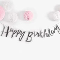Happy Birthday Party Cursive Metallic Glitter Banner - Silver - Image 3