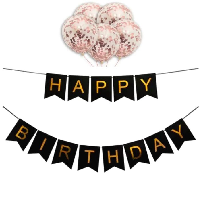 Happy birthday banner | Confetti Balloons(5 Pcs) with Pre-Filled Confetti Combo Kit For Boys/Girls Birthday (Rose gold balloon and Black banner)