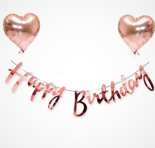 Happy Birthday Banner And Heart Foil Balloon Rose Gold Glue Dot Theme Birthday Decoration Kit Pack of 4 Pcs