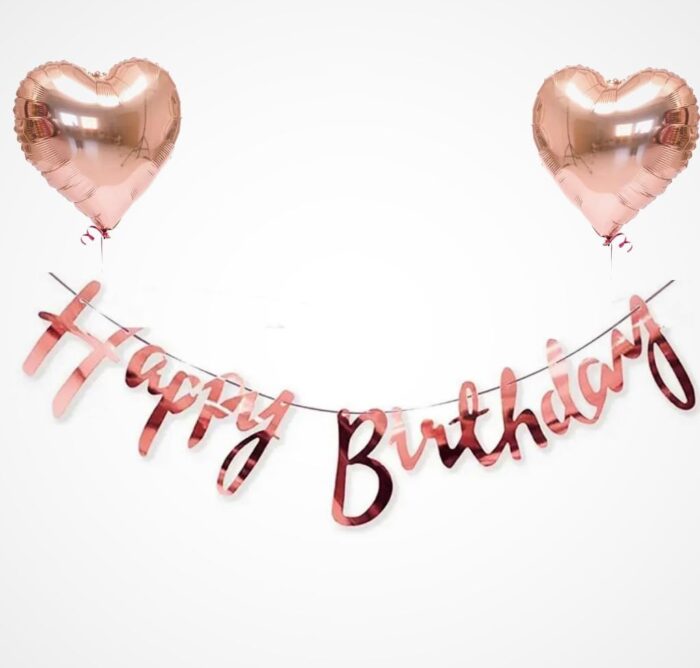 Happy Birthday Banner And Heart Foil Balloon Rose Gold Glue Dot Theme Birthday Decoration Kit Pack of 4 Pcs
