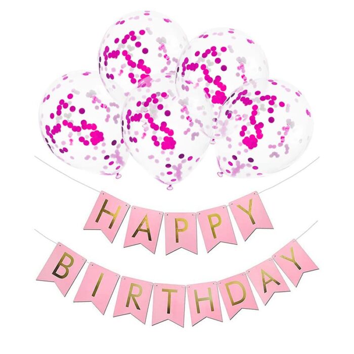 6Pcs Pink Confetti Balloons & Happy Birthday Banner Combo - For Girls Birthday Decoration Items Set -Girl Theme Balloons Decorations -Elegant Supplies...