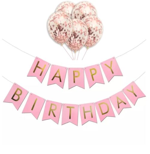 Happy birthday banner | Confetti Balloons(5 Pcs) with Pre-Filled Confetti Combo Kit For Boys/Girls Birthday (Rose gold balloon and Pink banner)