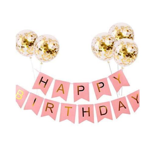 Balloons with Silver Colored Pre-Filled Confetti and Blue Happy Birthday Banner Combo Set (SILVER BALLOON AND PINK BANNER)
