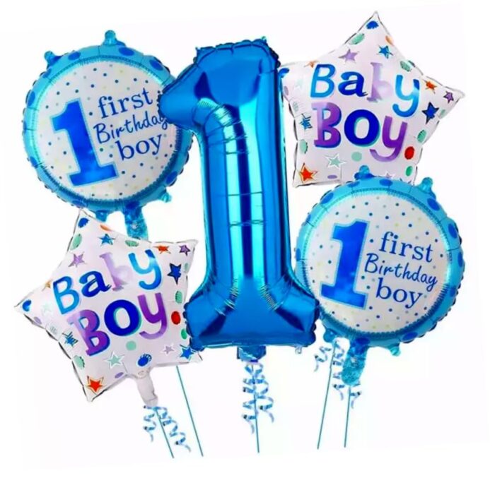 Decoration 1st Birthday Boy Theme Foil Balloon Set- Pack of 5 Blue