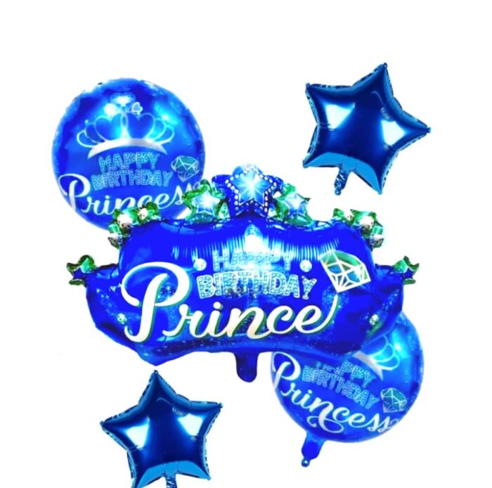 Prince Theme Birthday Decoration For Kids Balloon Happy Birthday Crown Balloon Balloon Bouquet (Blue, Pack of 5)
