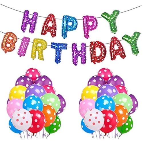 Happy Birthday Foil Balloon Pack of 13 Letters/Printed Multicolour Balloon Birthday Decorations/20pcs multicolor polka dotted balloons & Balloons