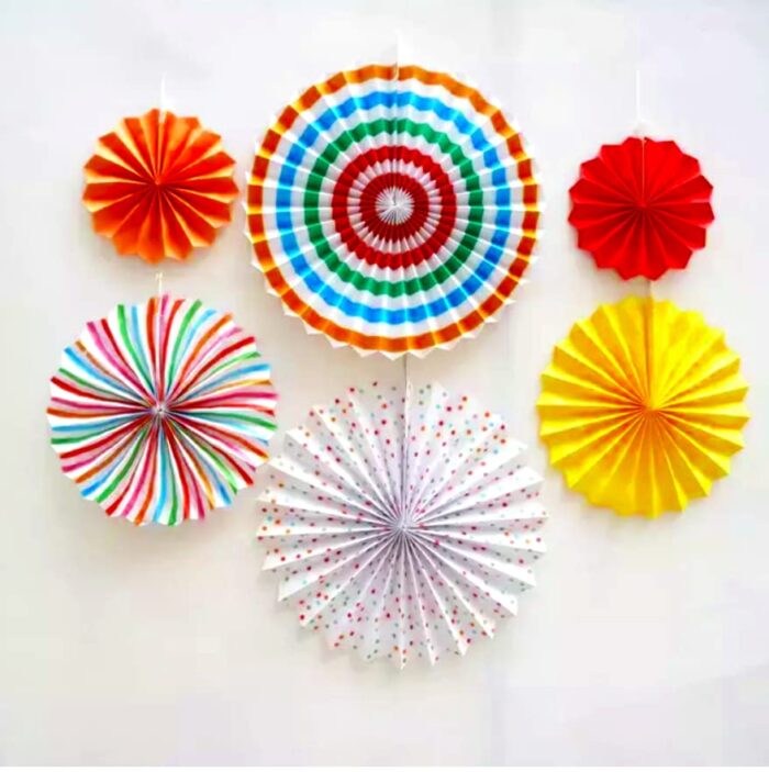 Paper Fan Decoration (Polka Dots Stripes Printed) Trend Party Fan for Wedding Birthday Showers - Multicolour (Pack of 6)