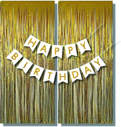 Happy Birthday White Banner And Gold Foil Curtain Combo For Boys Birthday Decoration Items/Balloons For Boy Birthday Party 3 Pcs combo Kit